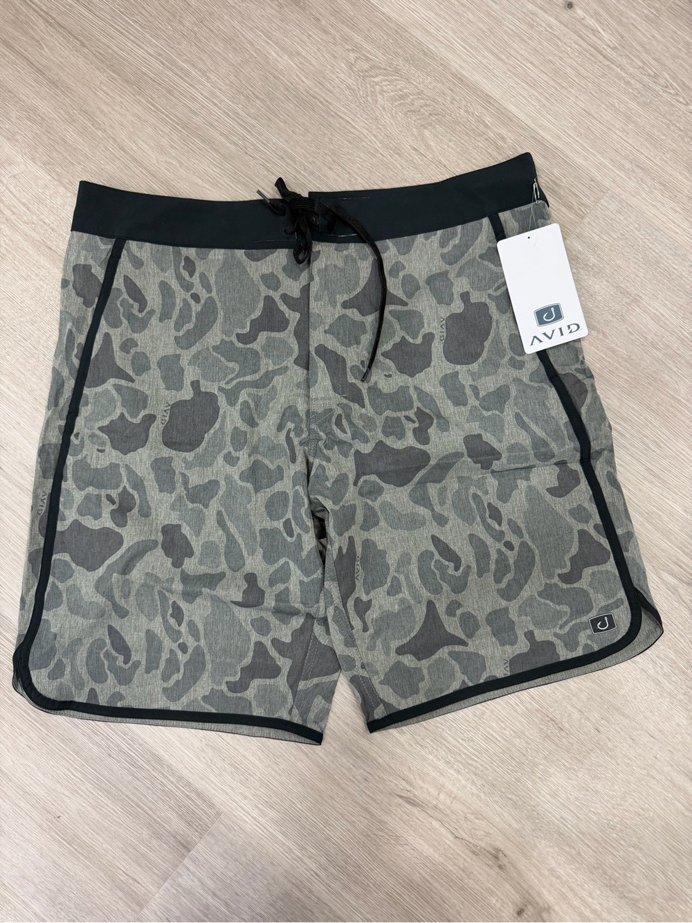 Avid Men’s Green Camo Board Shorts with Black Trim